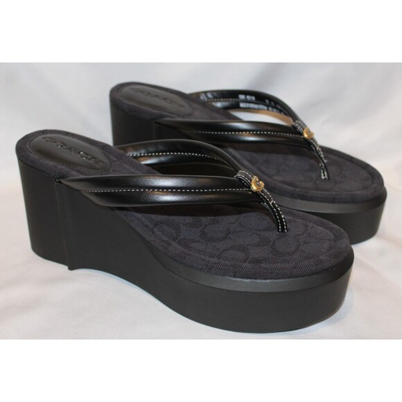 COACH SIGNATURE JACQUARD FRANKI THONG FLIP FLOP SANDALS NIB BLACK SZ 10 - Picture 1 of 6